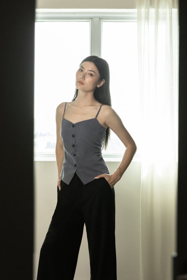 ALESSIA PADDED SIDE RUCHED BUTTON VEST TOP (GREY)