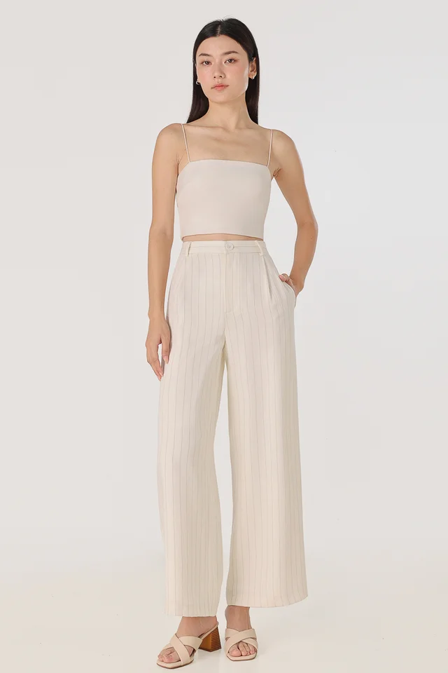 DORAN LINEN STRIPED PLEATED STRAIGHT LEG PANTS - REGULAR