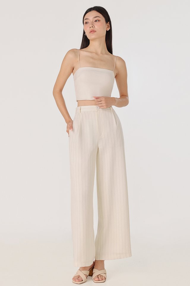 DORAN LINEN STRIPED PLEATED STRAIGHT LEG PANTS - PETITE