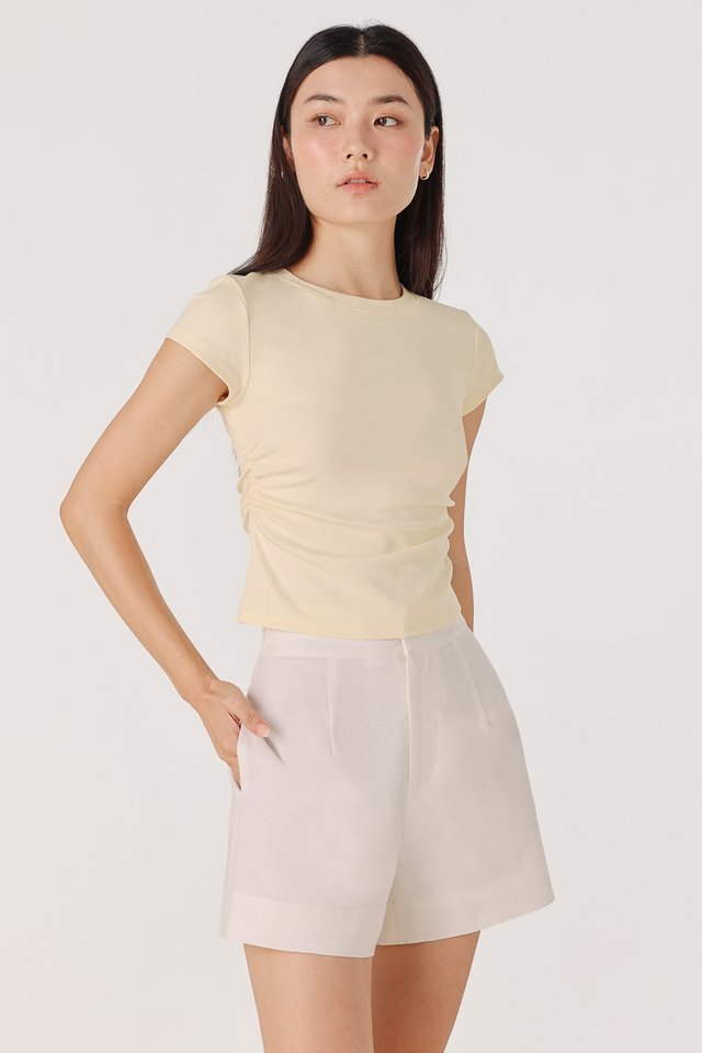 JUNIE SIDE RUCHED CREW NECK TEE (YELLOW) JUNIE SIDE RUCHED CREW NECK TEE (YELLOW)