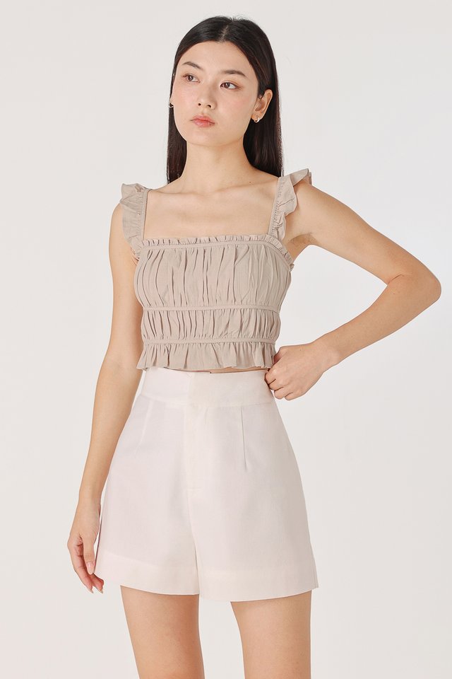 HADLEY PADDED LINEN RUFFLE STRAP RUCHED TOP (BONE) HADLEY PADDED LINEN RUFFLE STRAP RUCHED TOP (BONE)