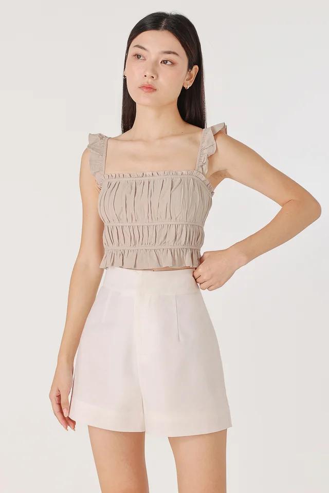 HADLEY PADDED LINEN RUFFLE STRAP RUCHED TOP (BONE)