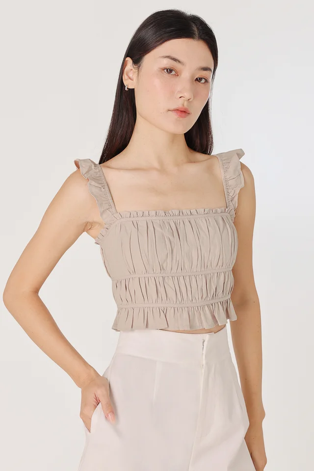 HADLEY PADDED LINEN RUFFLE STRAP RUCHED TOP (BONE)
