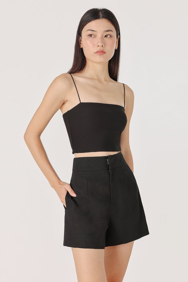 MATILDA LINEN THICK WAISTBAND SHORTS (BLACK)