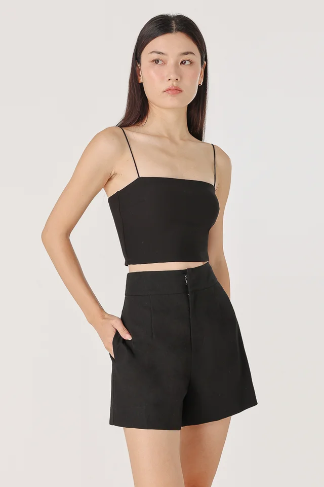MATILDA LINEN THICK WAISTBAND SHORTS (BLACK)