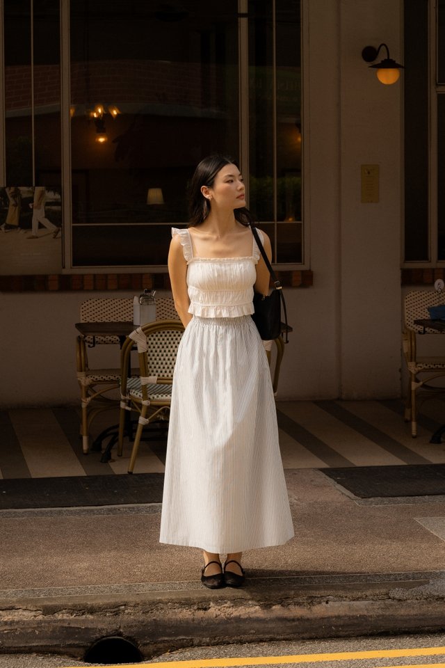 HADLEY PADDED LINEN RUFFLE STRAP RUCHED TOP (WHITE)