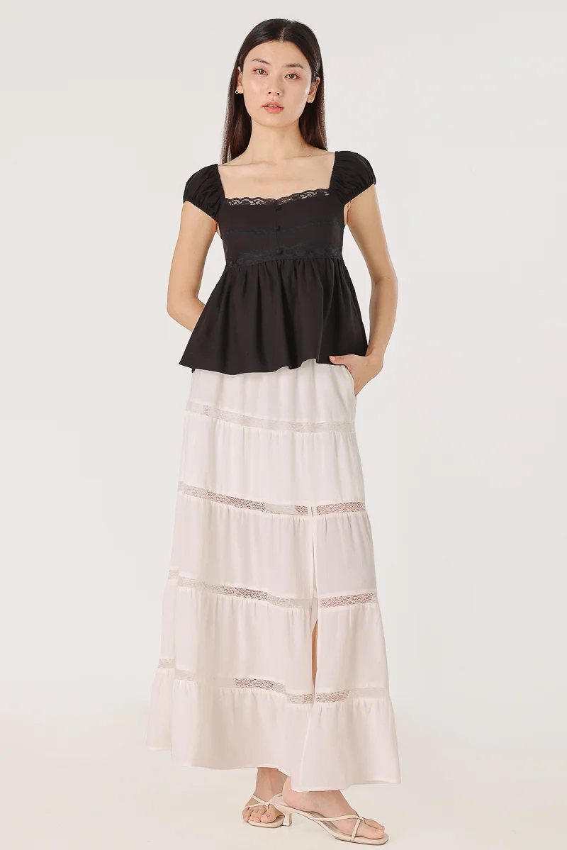 AMARIA COTTON LACE INSERT TIERED MAXI SLIT SKIRT - PETITE (WHITE