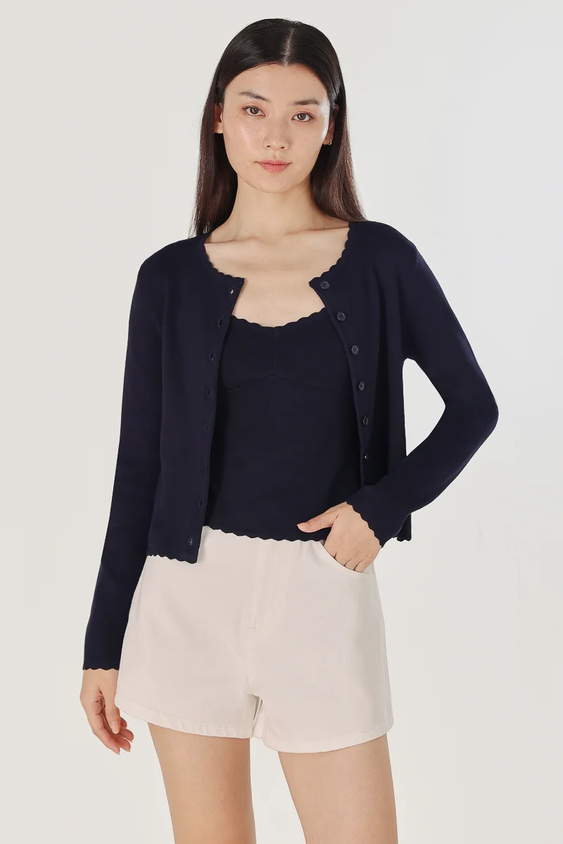 MIREA SCALLOP TRIM KNIT TOP CARDIGAN SET | Lovet