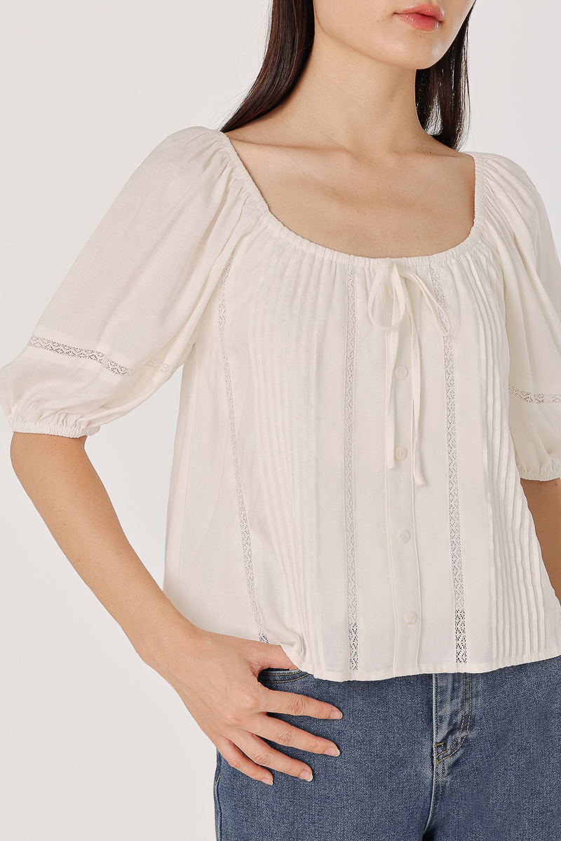 RUELLA LINEN LACE INSERT PINTUCK PUFF SLEEVE BLOUSE (WHITE) | Lovet