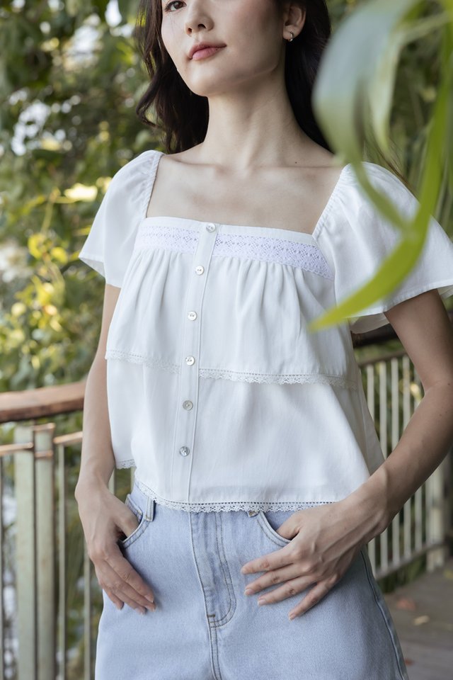 ELVIRA LACE INSERT FLUTTER SLEEVE SHELL BUTTON TOP (WHITE)