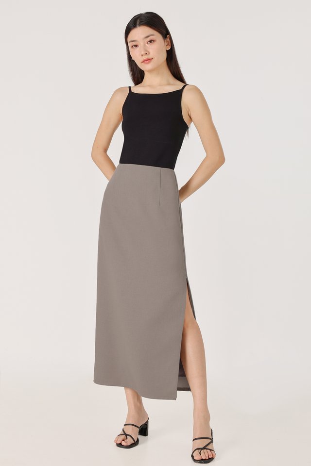 PRESLEY SIDE SLIT COLUMN MAXI SKIRT - PETITE (GREY) *BFF*