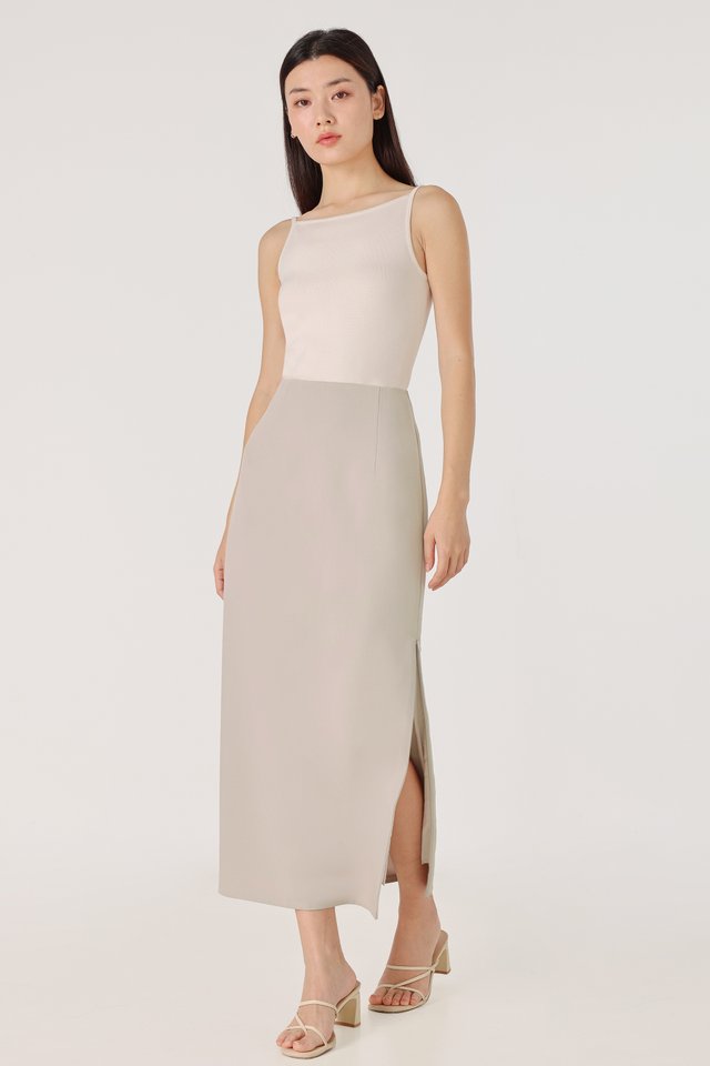 PRESLEY SIDE SLIT COLUMN MAXI SKIRT - PETITE (TAUPE) *BFF*