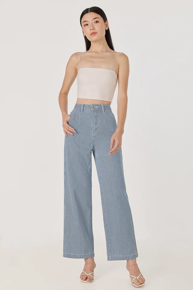 ILLUSION STRIPED WIDE LEG DENIM JEANS - PETITE (BLUE)