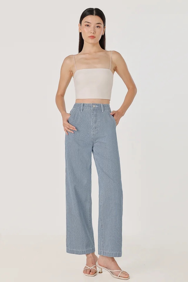 ILLUSION STRIPED WIDE LEG DENIM JEANS - PETITE (BLUE)