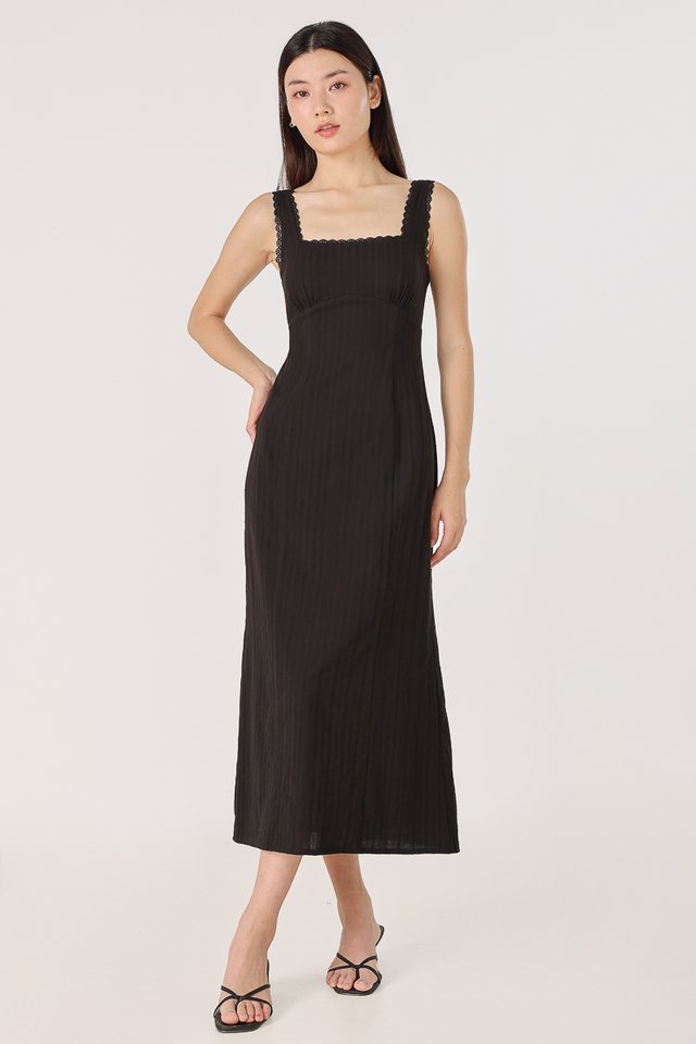 DASHA PADDED TEXTURED LACE TRIM MIDAXI DRESS (BLACK)
