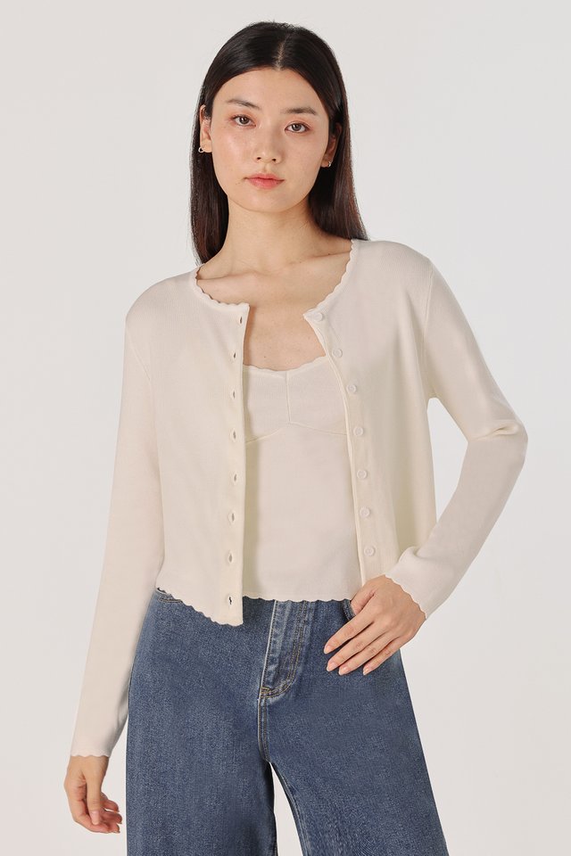 MIREA SCALLOP TRIM BUTTON KNIT CARDIGAN (OFF-WHITE)