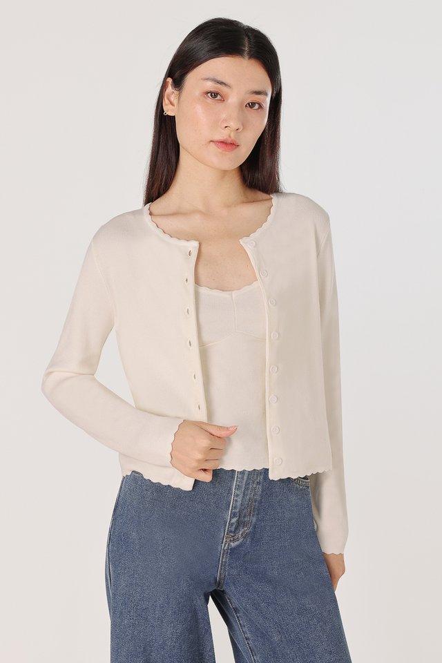 MIREA SCALLOP TRIM BUTTON KNIT CARDIGAN (OFF-WHITE)