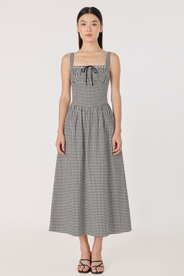 LILLITH PADDED GINGHAM LACE TRIM RUCHED MIDAXI DRESS (BLACK GINGHAM)