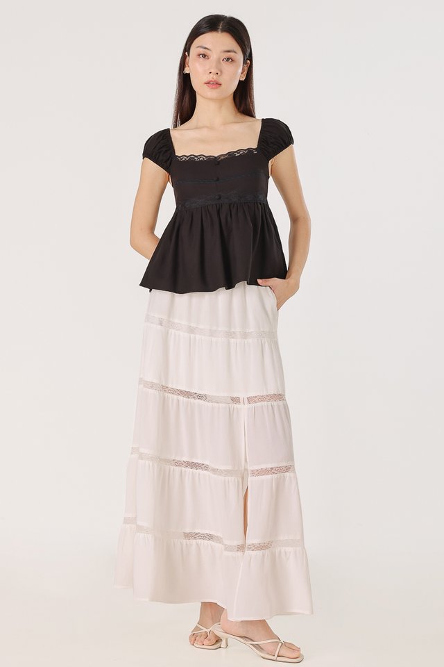 KYLINA PADDED LINEN LACE TRIM CAP SLEEVE BABYDOLL TOP (BLACK)