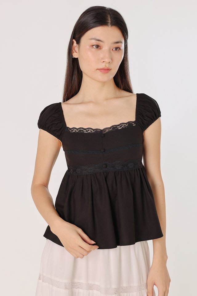 KYLINA PADDED LINEN LACE TRIM CAP SLEEVE BABYDOLL TOP (BLACK)