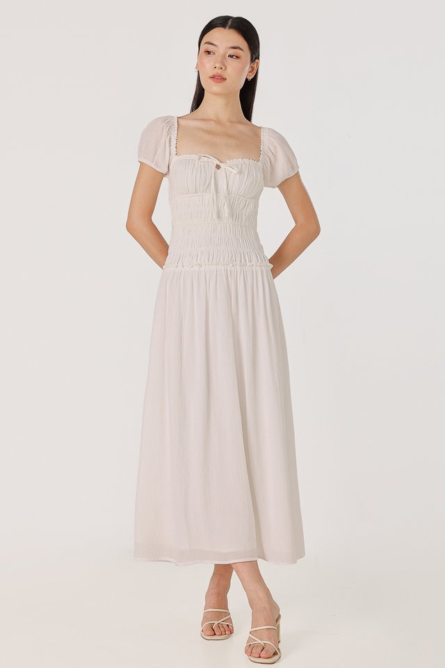 AVIELLE PADDED RUCHED RIBBON-TIE MAXI DRESS (WHITE)