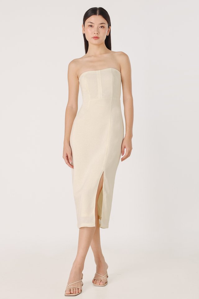 JAZELLE PADDED TWEED SWEETHEART TUBE MIDAXI DRESS (CHAMPAGNE) *BFF*