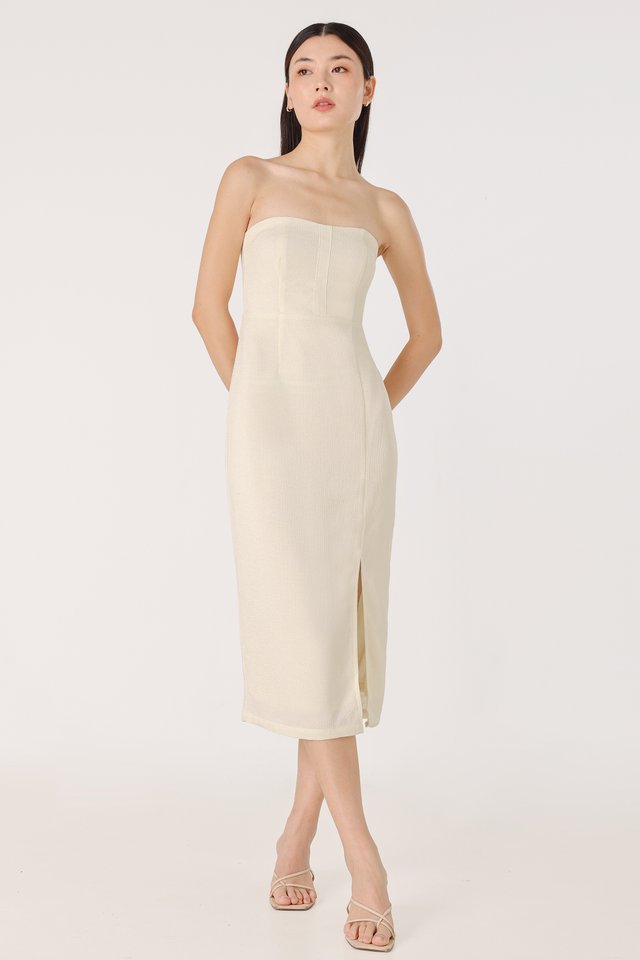 JAZELLE PADDED TWEED SWEETHEART TUBE MIDAXI DRESS (CHAMPAGNE) *BFF*