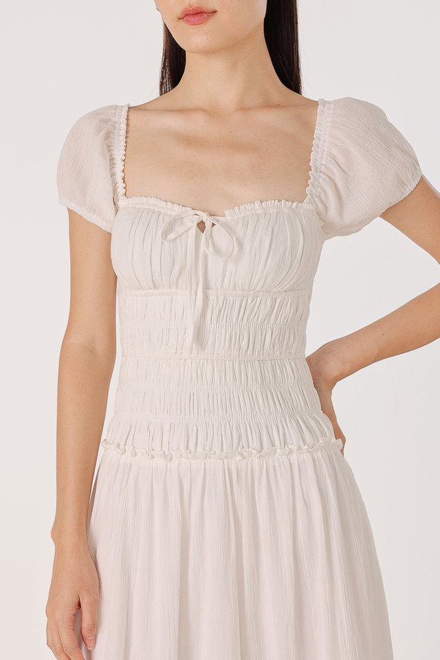 AVIELLE PADDED RUCHED RIBBON-TIE MAXI DRESS (WHITE)