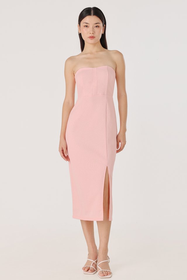 JAZELLE PADDED TWEED SWEETHEART TUBE MIDAXI DRESS (PINK) *BFF*