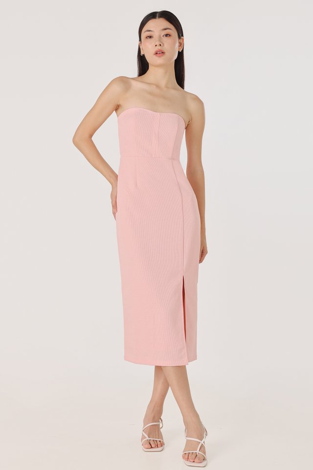 JAZELLE PADDED TWEED SWEETHEART TUBE MIDAXI DRESS (PINK) *BFF*