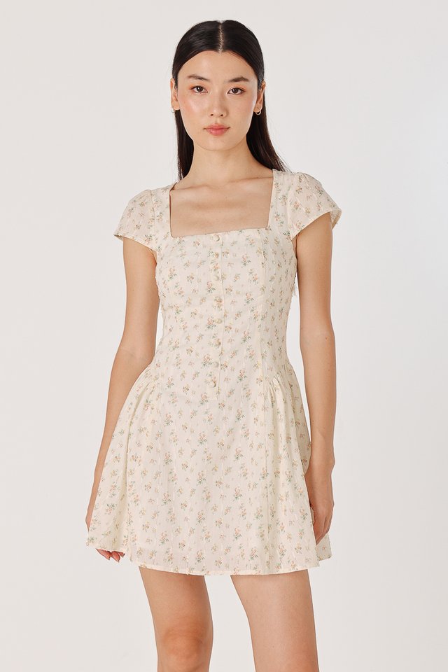 RALEY PADDED CAP SLEEVE BUTTON BASQUE MINI DRESS (FLORAL)