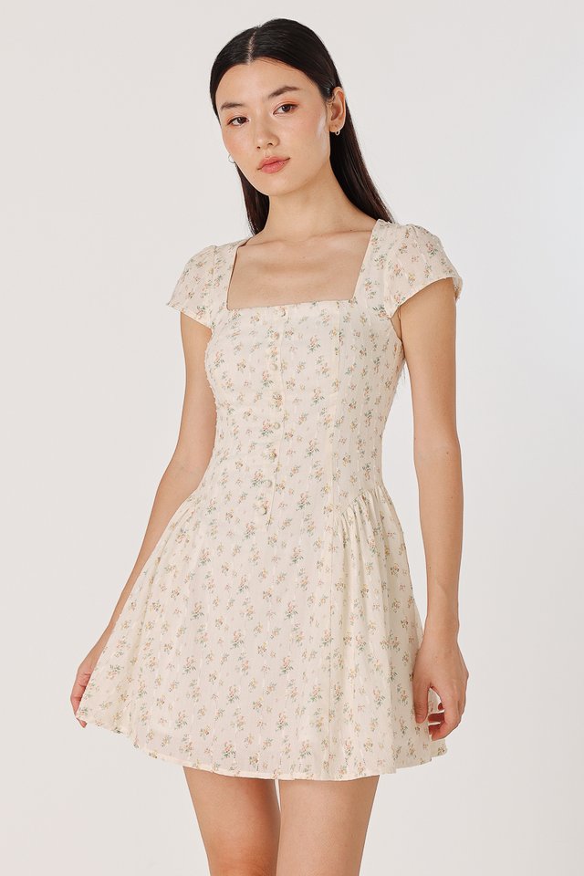 RALEY PADDED CAP SLEEVE BUTTON BASQUE MINI DRESS (FLORAL)