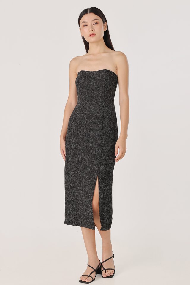 JAZELLE PADDED TWEED SWEETHEART TUBE MIDAXI DRESS (BLACK) *BFF*