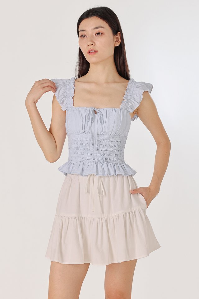 AVENLY PADDED RUFFLE STRAP SMOCKED WAIST TOP (BLUE)