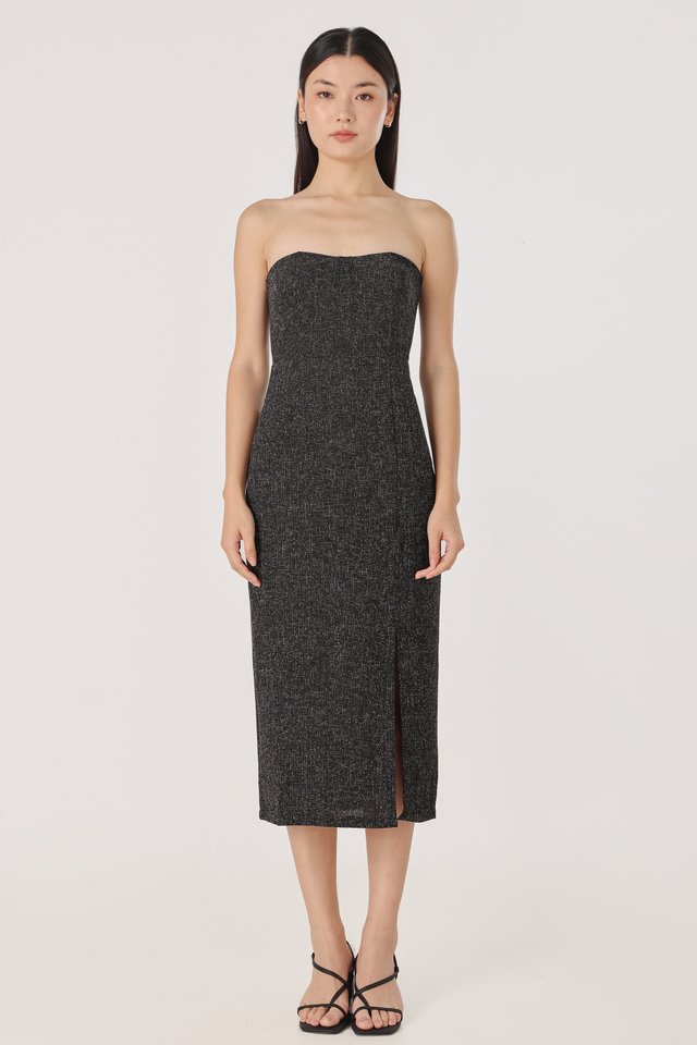 JAZELLE PADDED TWEED SWEETHEART TUBE MIDAXI DRESS (BLACK) *BFF*