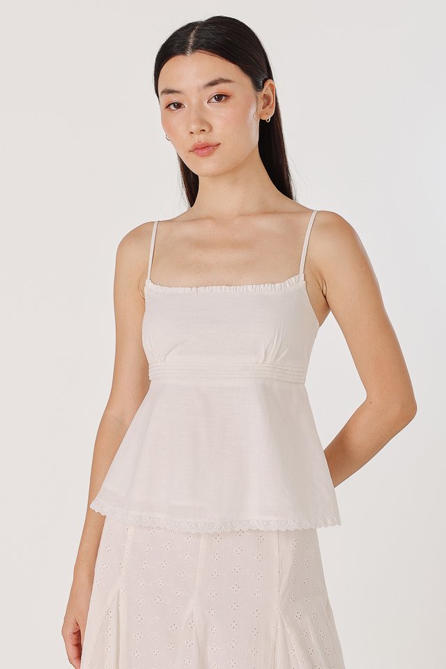 REINI PADDED RUFFLE TRIM BABYDOLL CAMI TOP (WHITE)