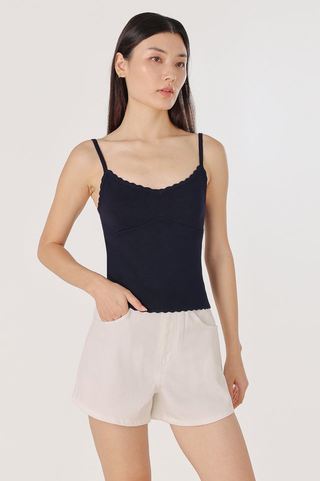 MIREA SCALLOP TRIM V-NECK CAMI KNIT TOP (NAVY)
