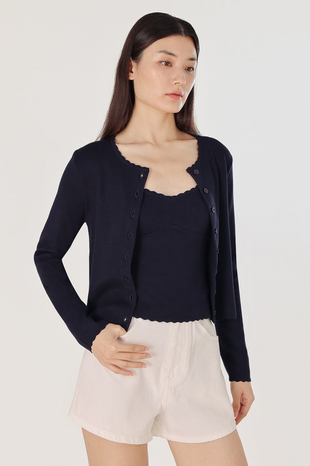 MIREA SCALLOP TRIM BUTTON KNIT CARDIGAN (NAVY)