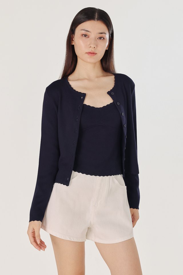 MIREA SCALLOP TRIM BUTTON KNIT CARDIGAN (NAVY)