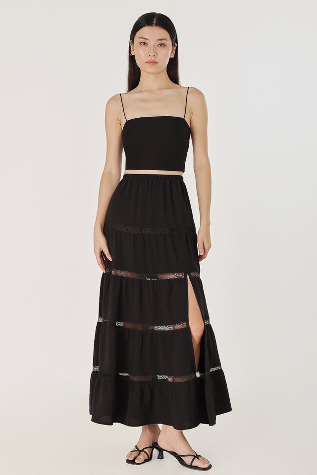 AMARIA COTTON LACE INSERT TIERED MAXI SLIT SKIRT - PETITE (BLACK)