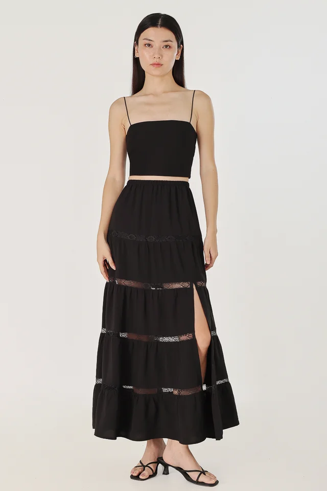 AMARIA COTTON LACE INSERT TIERED MAXI SLIT SKIRT - PETITE (BLACK)