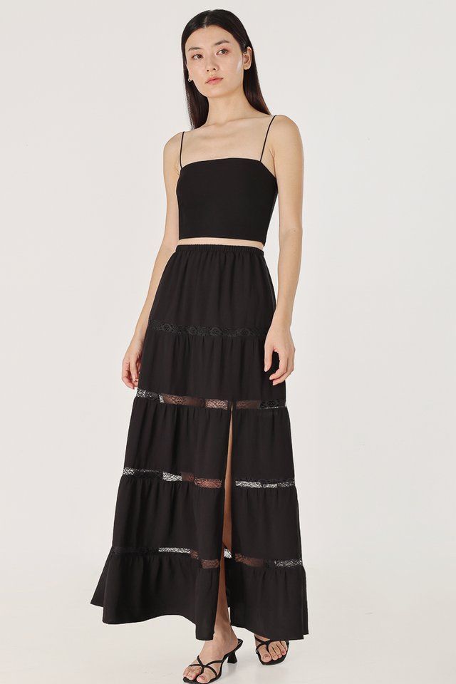 AMARIA COTTON LACE INSERT TIERED MAXI SLIT SKIRT - PETITE (BLACK)