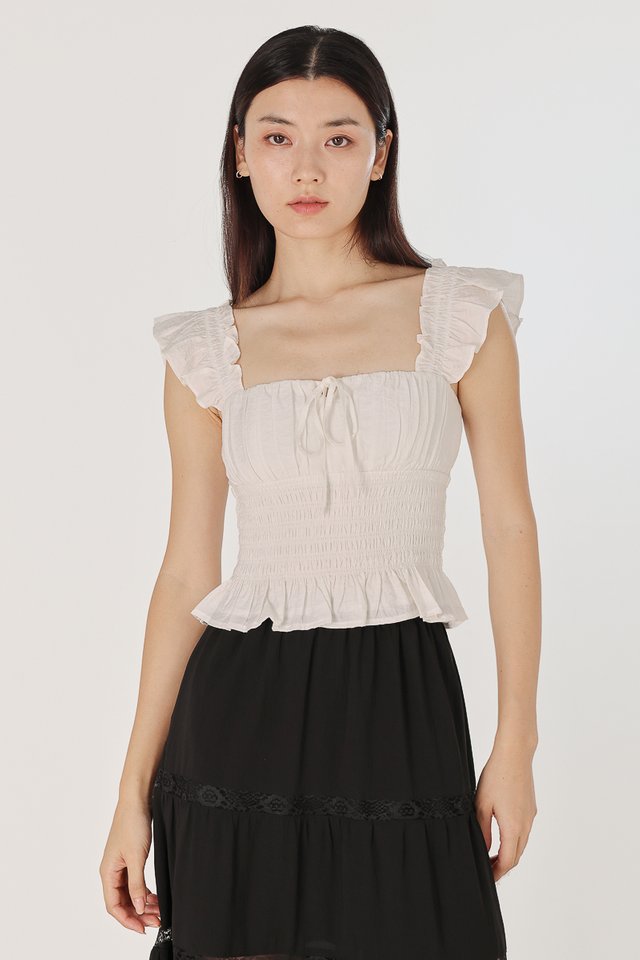 AVENLY PADDED RUFFLE STRAP SMOCKED WAIST TOP (WHITE)