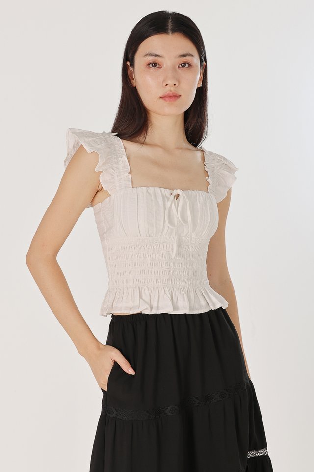 AVENLY PADDED RUFFLE STRAP SMOCKED WAIST TOP (WHITE)