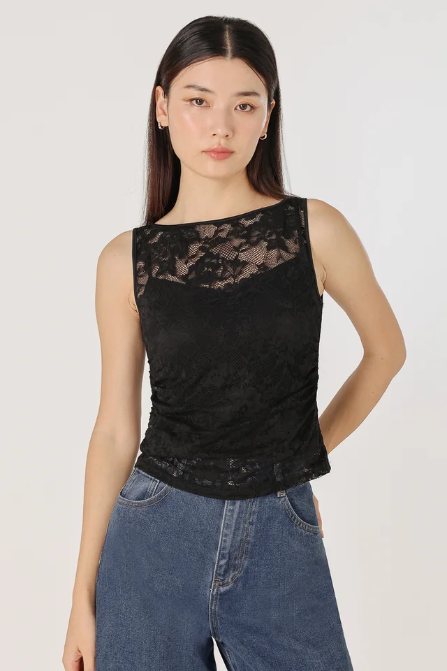 LYRIA PADDED LACE OVERLAY BOATNECK TWO-PIECE TOP (BLACK)