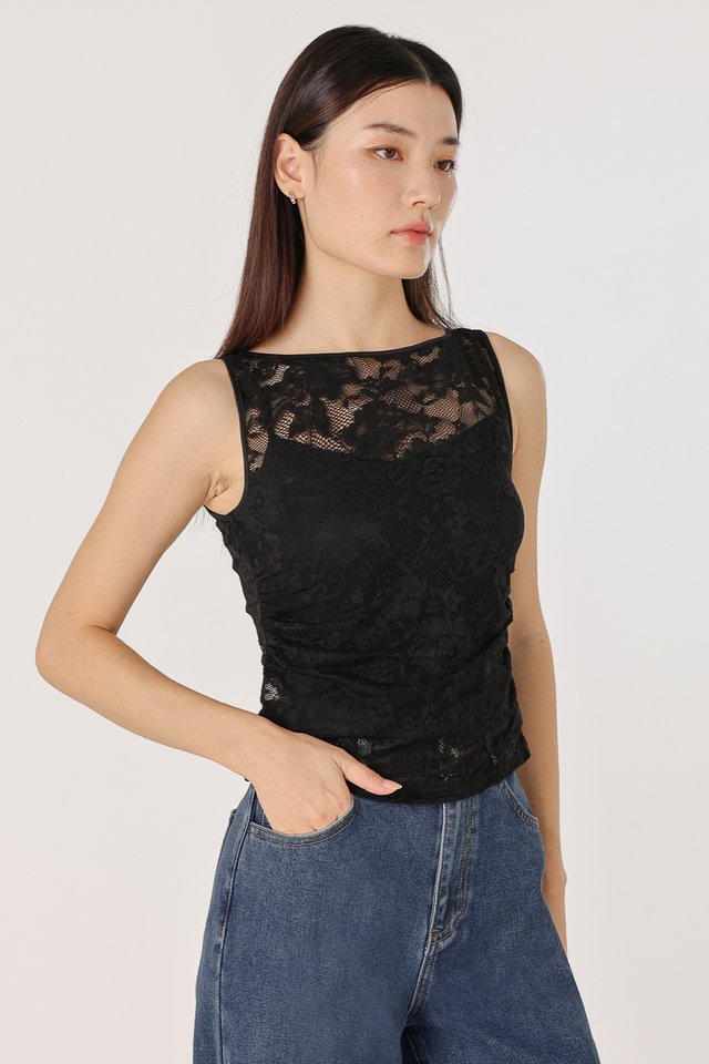 LYRIA PADDED LACE OVERLAY BOATNECK TWO-PIECE TOP (BLACK)