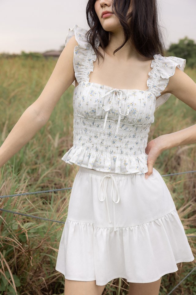 AVENLY PADDED RUFFLE STRAP SMOCKED WAIST TOP (FLORAL)