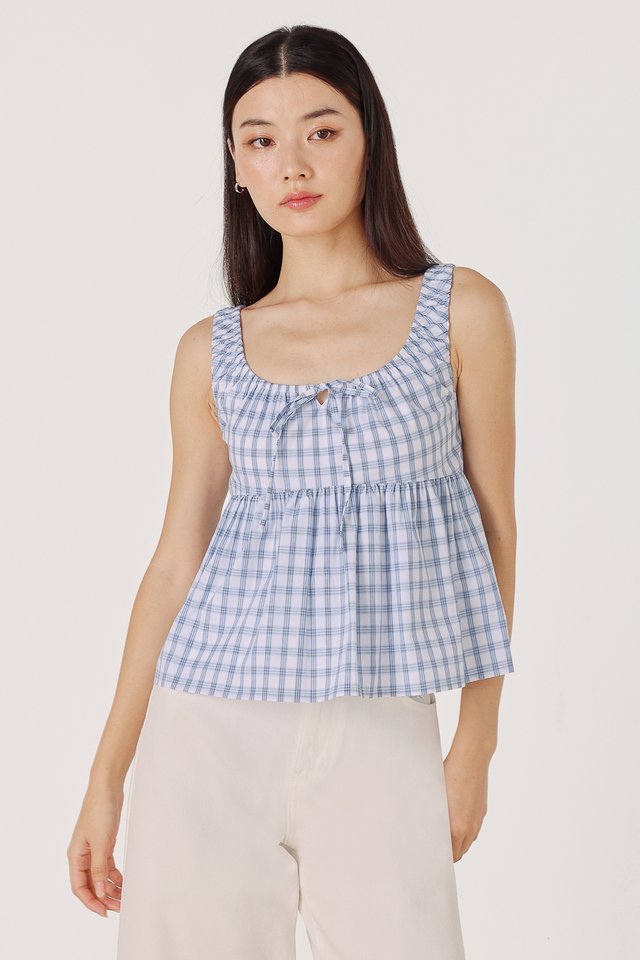 ALISHA SCOOP NECK RIBBON-TIE BABYDOLL TOP (BLUE PLAID)