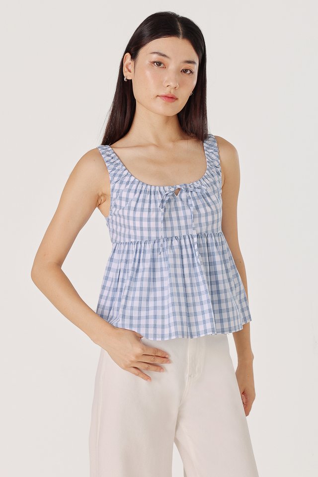 ALISHA SCOOP NECK RIBBON-TIE BABYDOLL TOP (BLUE PLAID)