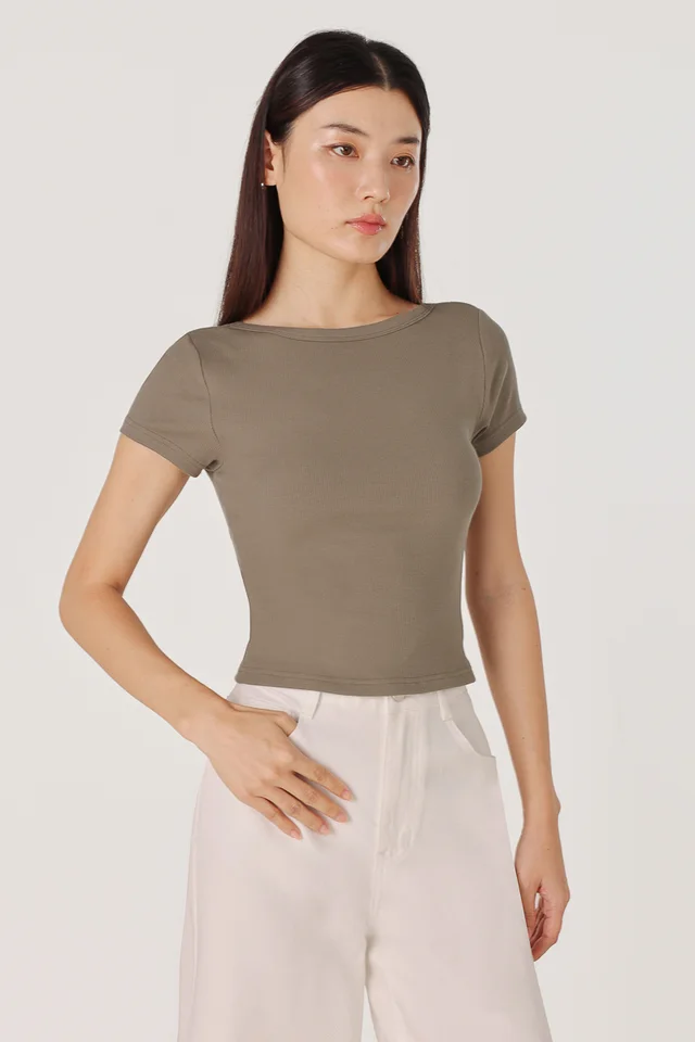 MARINA REVERSIBLE PADDED SLEEVE RIBBED TOP (TAUPE)